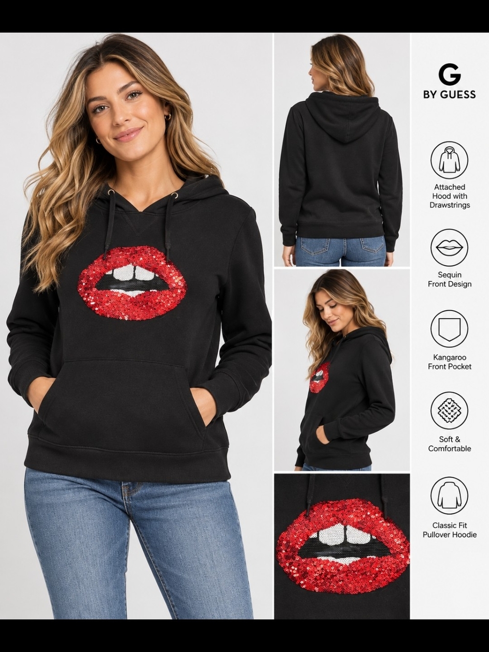 Guess Black Hoodie with Red Sequin Lip Graphic - RUNS MORE LIKE A LARGE